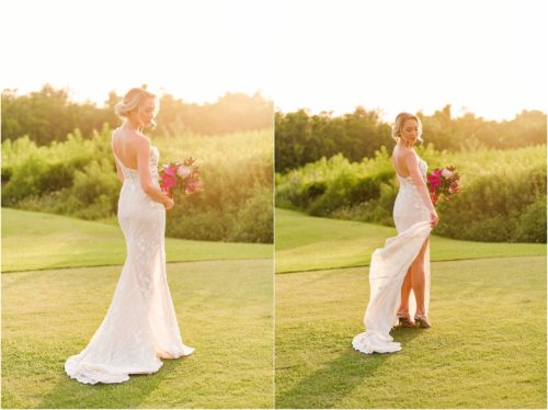 Bride on golf course with bright pink bouquet during Melbourne Beach vow renewal inspired shoot