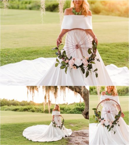 Bride holding floral wheel during Melbourne Beach vow renewal inspired shoot