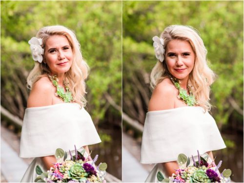 Bride in Floral necklace during Melbourne Beach vow renewal inspired shoot
