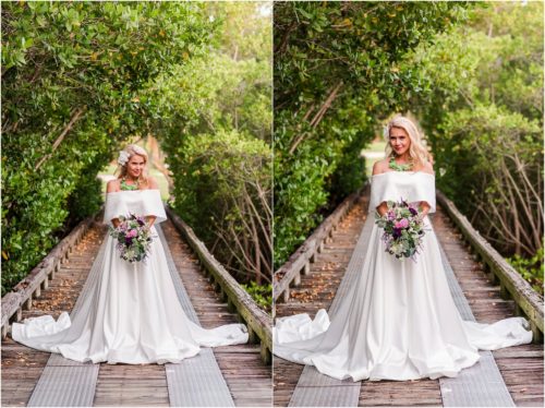 Bride in tunnel of trees during Melbourne Beach vow renewal inspired shoot