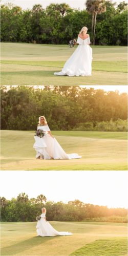 Bride walking on golf course with glowing sun during Melbourne Beach vow renewal inspired shoot