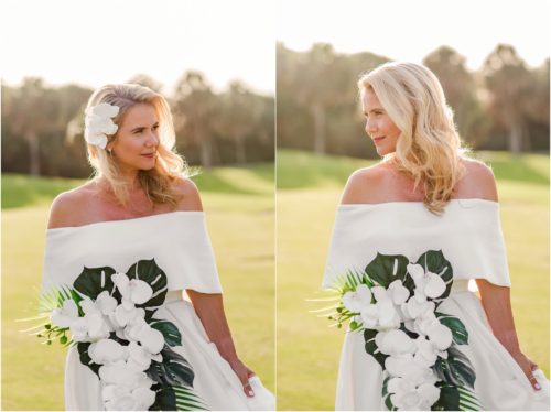 Bride holding orchid bouquet during Melbourne Beach vow renewal inspired shoot