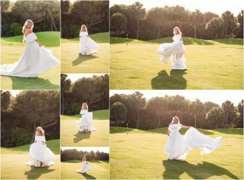 Bride twirling her dress on golf course during Melbourne Beach vow renewal inspired shoot