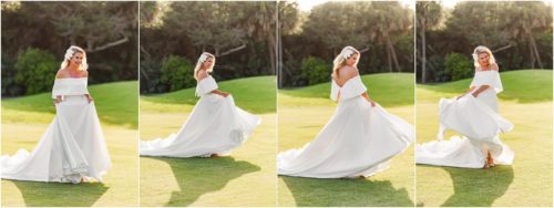 Bride twirling her dress on golf course during Melbourne Beach vow renewal inspired shoot