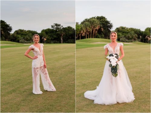 Bride in two part gown on golf course during Melbourne Beach vow renewal inspired shoot