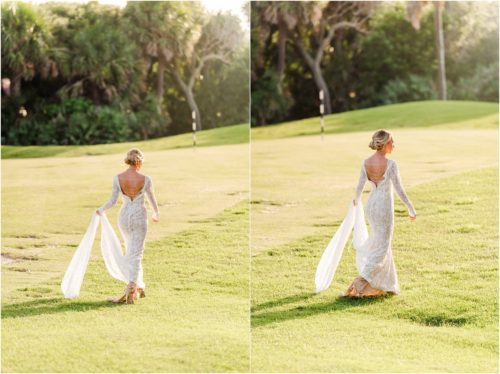 Bride in lace dress during Melbourne Beach vow renewal inspired shoot