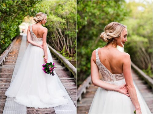 Bride on boardwalk during Melbourne Beach vow renewal inspired shoot