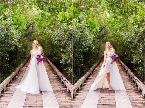 Bride walking on boardwalk during Melbourne Beach vow renewal inspired shoot