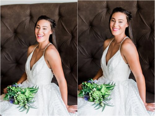 Bride on brown couch in 28 north Melbourne Florida Wedding