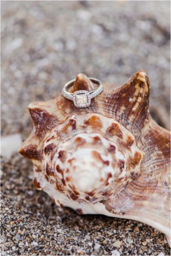 engagement ring on conch shell on beach House of Refuge Engagement session