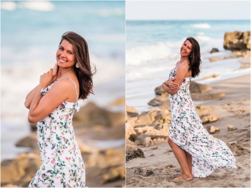Just the bride to be on beach by the rocks House of Refuge Engagement session
