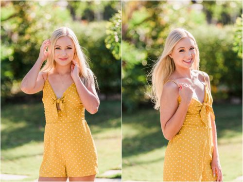 Girl with blond hair and yellow romper outside during senior pictures