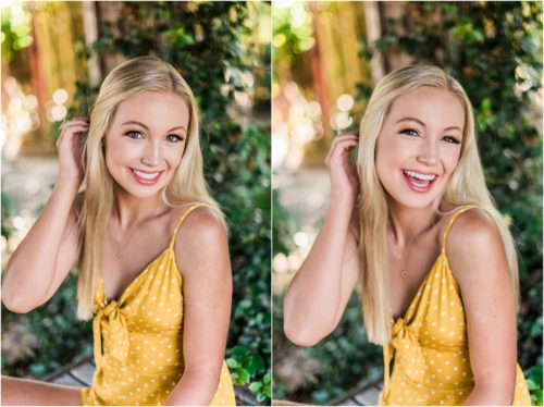 Girl with blond hair and yellow romper laughing during Rockledge Gardens Senior Pictures