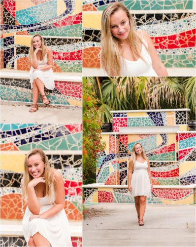 Senior in front of colorful waterfall wall Senior Photography at Rockledge Gardens