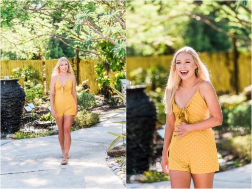 Girl in yellow romper laughing at Rockledge Gardens during Rockledge Gardens Senior Pictures