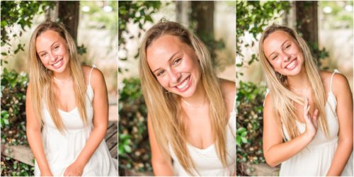 Senior sitting on bench in white dress Senior Photography at Rockledge Gardens