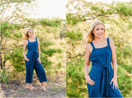Girl in blue romper with hair blowing during Rockledge Gardens Senior Pictures