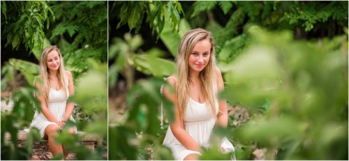 Senior in white dress with leaves in front of her Senior Photography at Rockledge Gardens