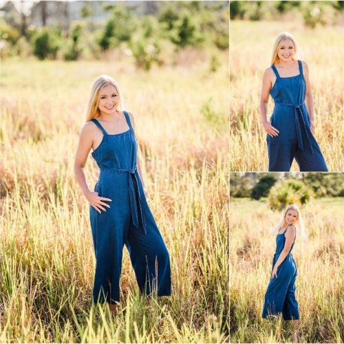Girl in blue romper in field during Rockledge Gardens Senior Pictures