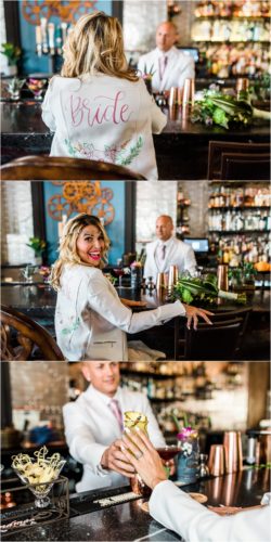 Bride and groom sitting at bar in 28 North Gastropub. Groom serving bride a cocktail