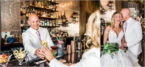Bride and groom sitting at bar in 28 North Gastropub. Groom serving bride a cocktail