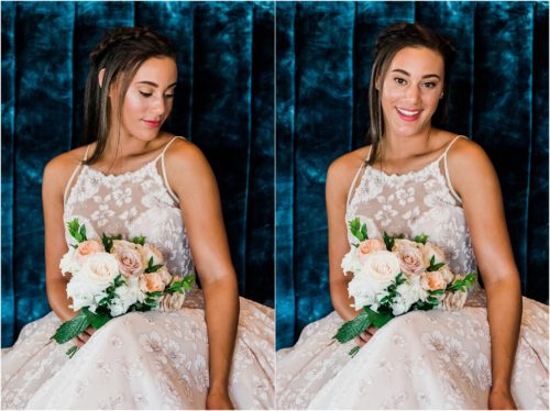 Bride in blush Haley Paige wedding dress inside 28 North Gastropub in Viera. Bride laughing and walking in white Haley Paige wedding dress at the Avenues in Viera. Melbourne Florida Wedding Photographer