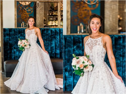 Bride in blush Haley Paige wedding dress inside 28 North Gastropub in Viera. Bride laughing and walking in white Haley Paige wedding dress at the Avenues in Viera. Melbourne Florida Wedding Photographer