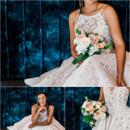Bride in Haley Paige wedding dress sitting on blue couch inside 28 North Gastropub in Viera. Bride laughing and walking in white Haley Paige wedding dress at the Avenues in Viera. Melbourne Florida Wedding Photographer
