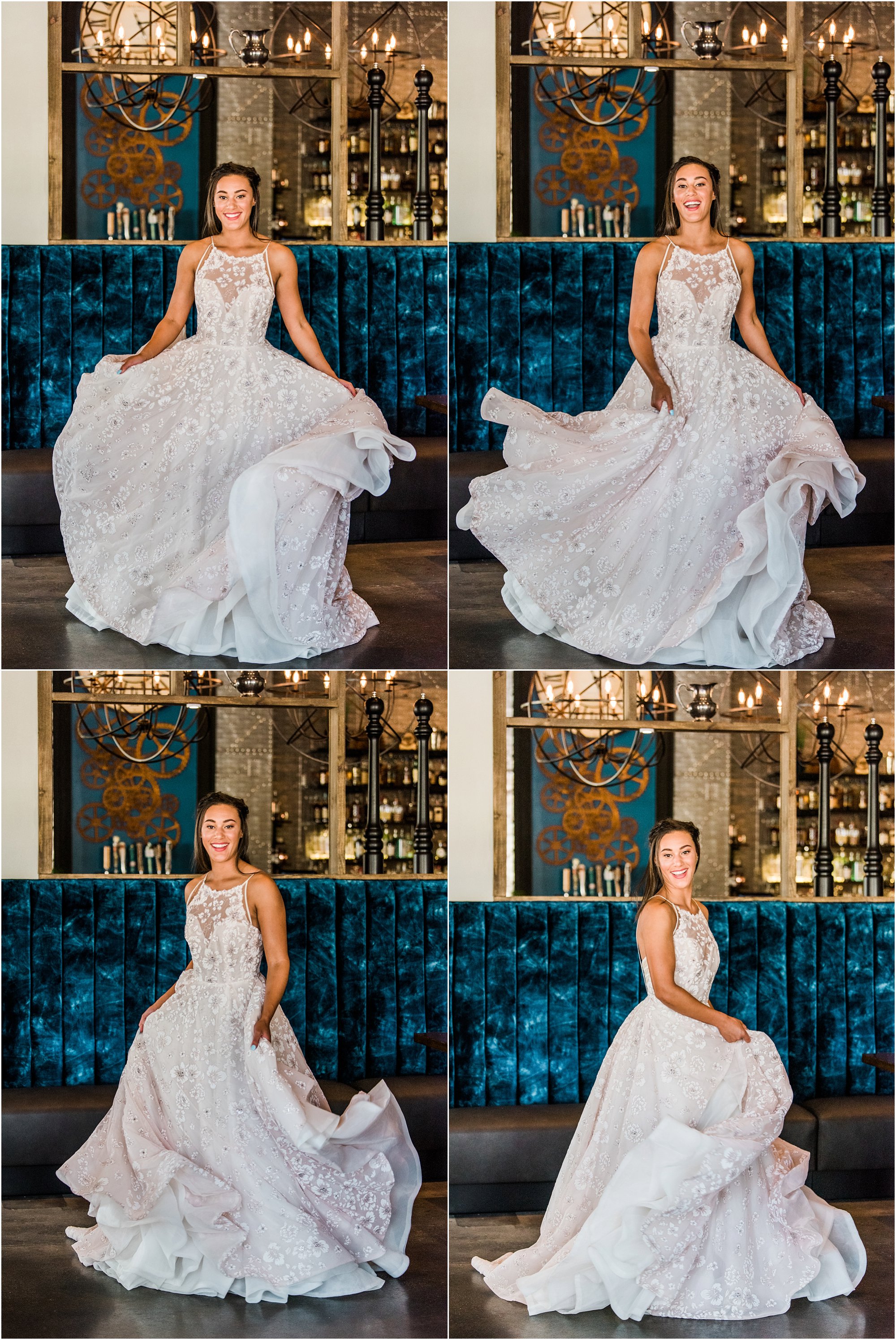 Bride in blush Haley Paige wedding dress inside 28 North Gastropub in Viera. Bride laughing and walking in white Haley Paige wedding dress at the Avenues in Viera. Melbourne Florida Wedding Photographer