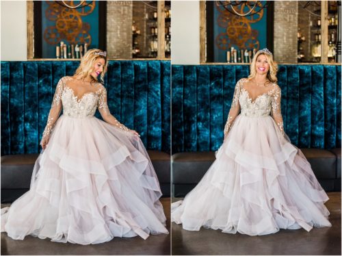 Bride in blush Haley Paige wedding dress inside 28 North Gastropub in Viera. Bride laughing and walking in white Haley Paige wedding dress at the Avenues in Viera. Melbourne Florida Wedding Photographer