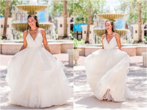 Bride laughing and walking in white Haley Paige wedding dress at the Avenues in Viera. Melbourne Florida Wedding Photographer