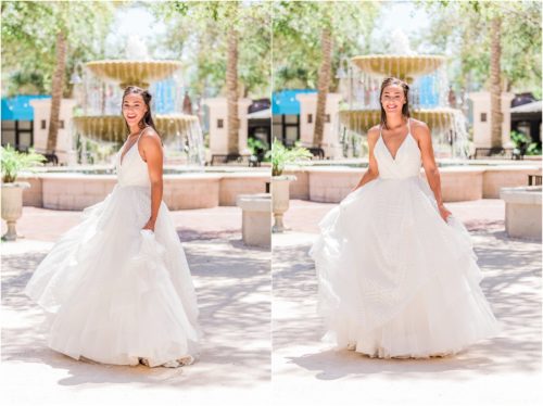 Bride laughing and walking in white Haley Paige wedding dress at the Avenues in Viera. Melbourne Florida Wedding Photographer