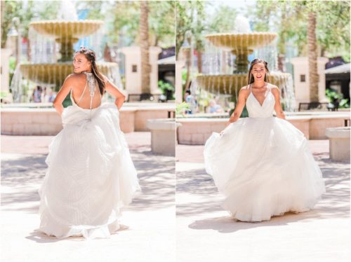 Bride laughing and walking in white Haley Paige wedding dress at the Avenues in Viera. Melbourne Florida Wedding Photographer