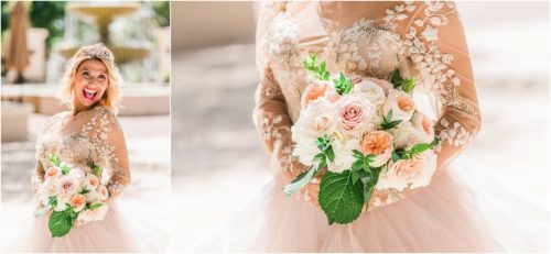 Bride holding peach bouquet from Fern and Curl designs.