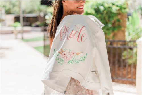 Close up of leather bride jacket
