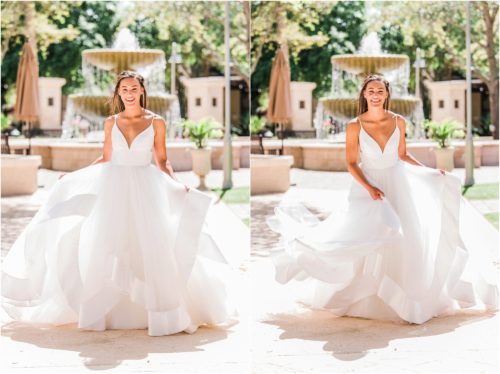 Bride twirling in white Haley Paige wedding dress with fountain in background. Melbourne Florida Wedding Photographer