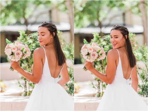 Bride holding pink flowers from Fern and Curl in Haley Paige Wedding dress Melbourne Florida Wedding Photographer