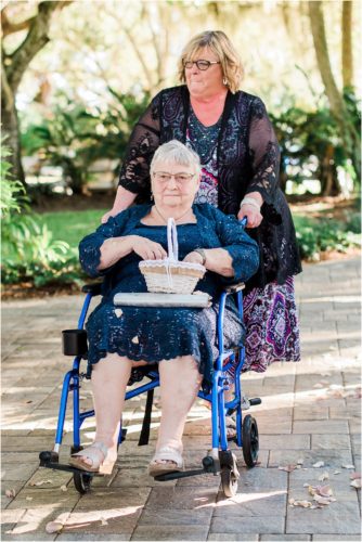 Grandmother in wheelchair as a flower girl at Up the Creek Farms wedding Grandparents in your wedding photography