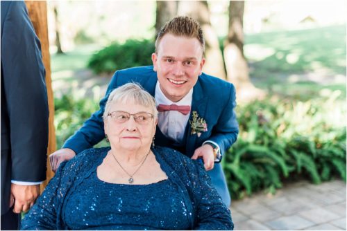 Groom with grandmother dressed in blue at Up the Creek Farms wedding Grandparents in your wedding photography