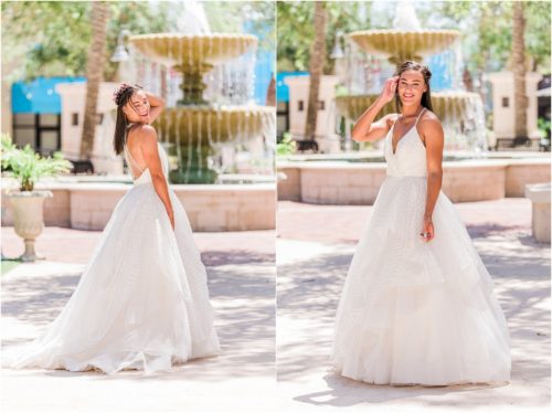 Bride in gown with fountain in background Melbourne Florida Wedding