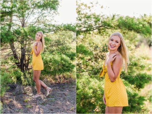 Girl in yellow dress with green tress behind her during Rockledge Garden Senior Portraits