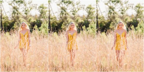 Girl in yellow dress walking in tall grass during Rockledge Gardens Senior Pictures