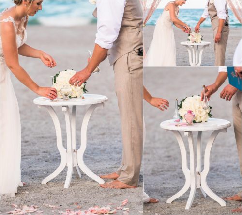 Unique Ceremony Ideas sand ceremony with pink and white sand on Cocoa Beach