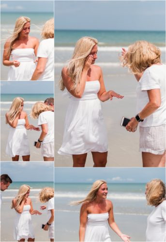 Bride showing off engagement ring to her mother after Surprise Proposal on Cocoa Beach