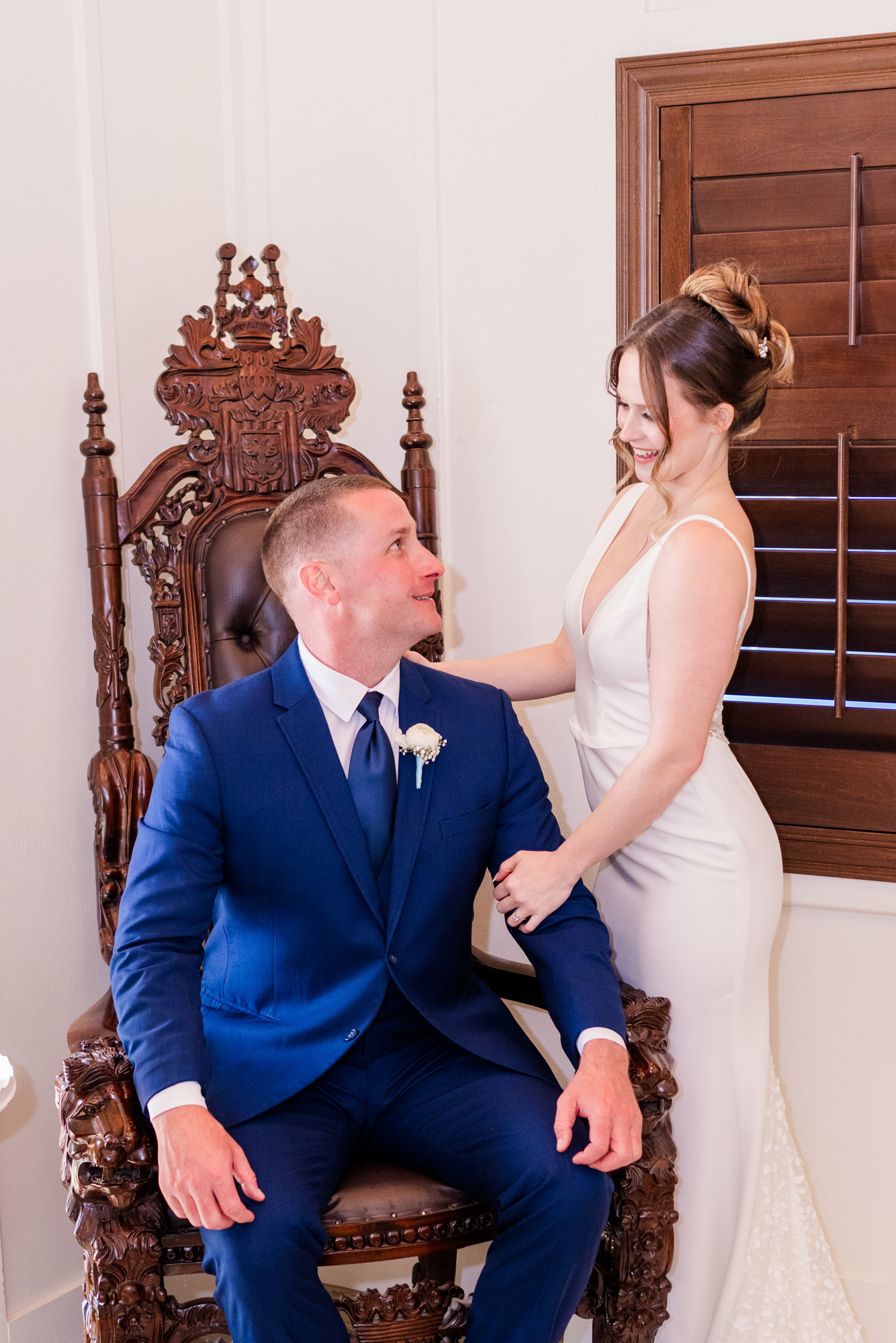 Bride and groom sharing a quiet moment during wedding portraits at Harbour House Oceanfront.