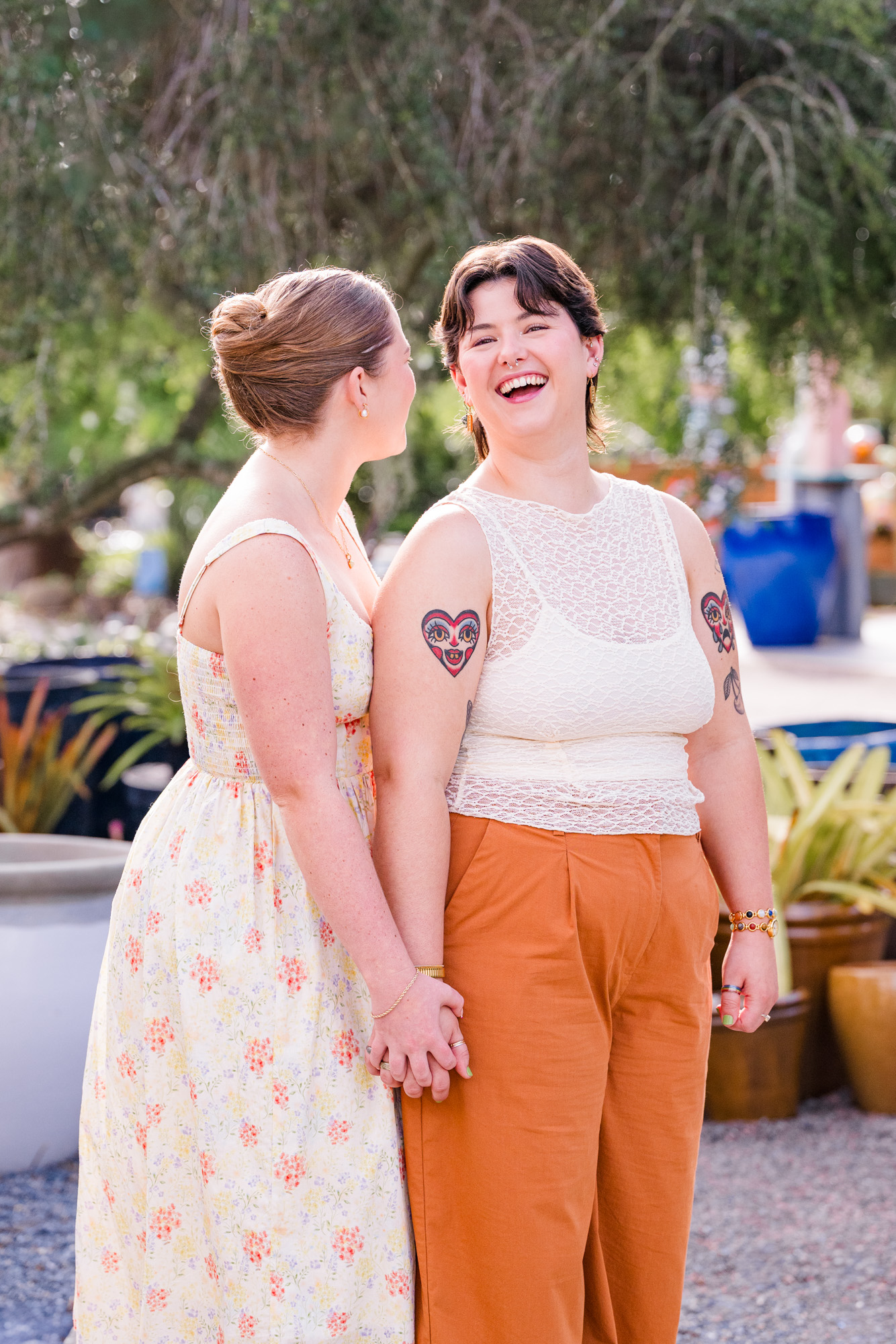 Same sex couple laughing Rockledge gardens engagement session