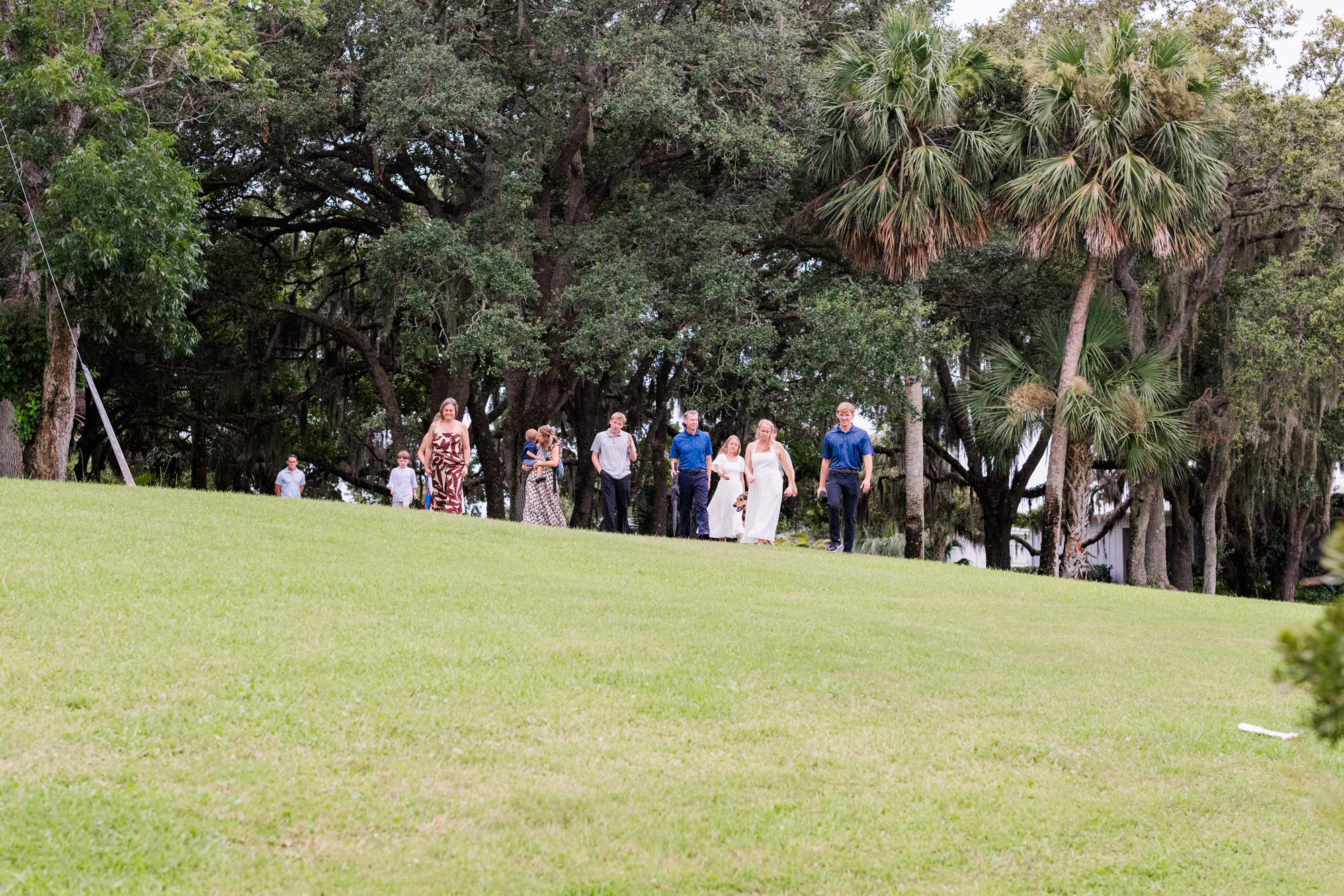 family coming down the hill to congratulate the couple