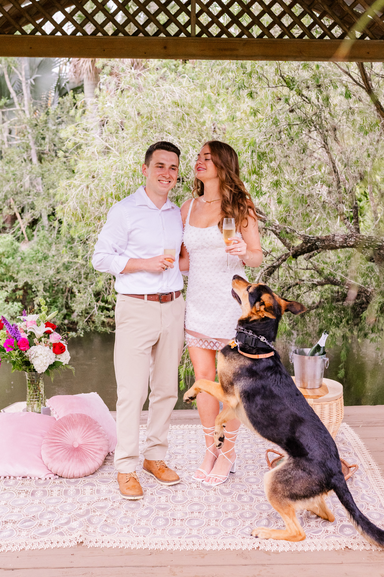 dog looking up at the couple after marriage proposal at Up the Creek Farms