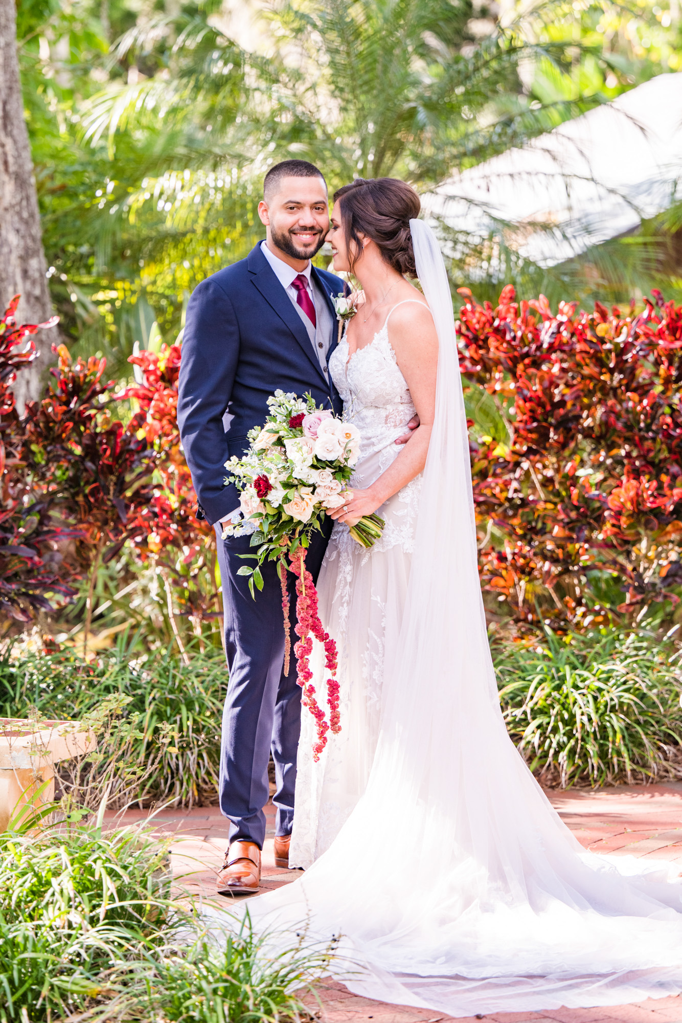 Bride and groom sharing a quiet moment together in the gardens at Estate on the Halifax.