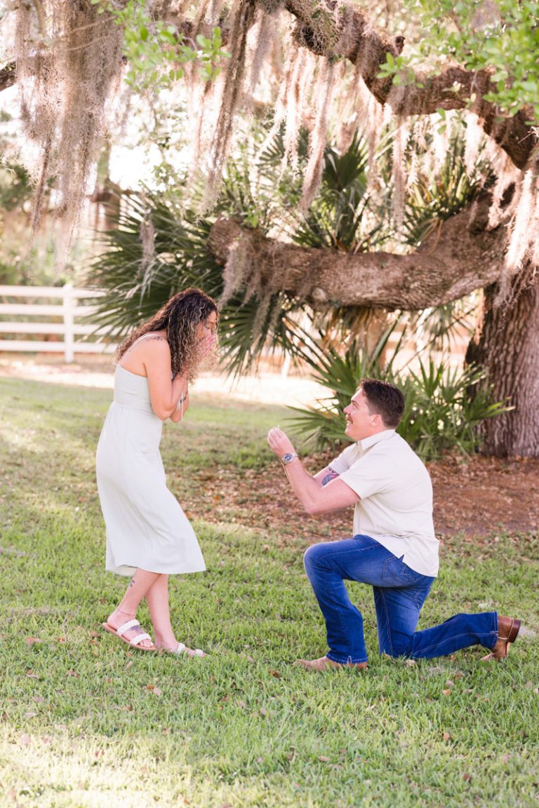 Man down on his knee asking his partner to marry him under the oaks at Up The Creeks Farms